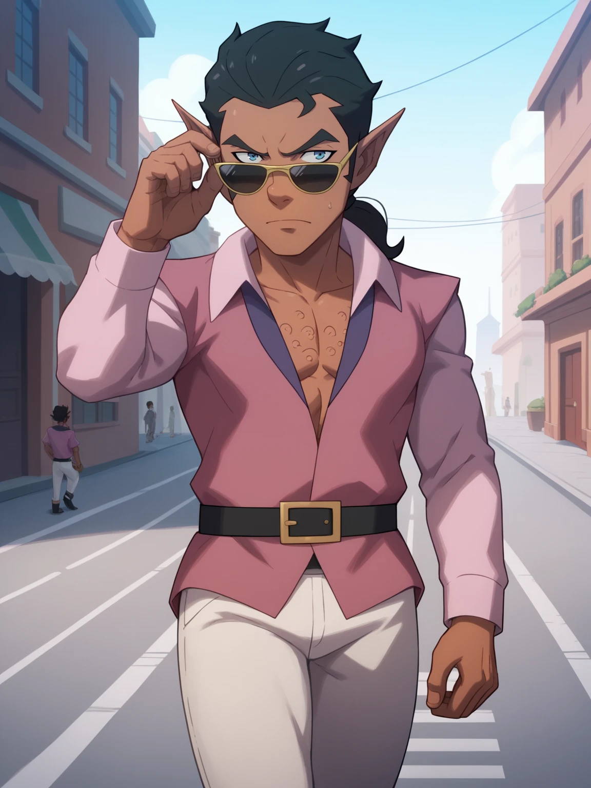 score_9, score_8_up, score_7_up, BREAK,
scanlan, 1boy, black hair, ponytail, blue eyes, dark skin,  pointy ears,
pink shirt, sunglasses, walking down the street, city, toned male, white pants, broad shoulders, detailed belt      <lora:ScanlanXL_byKonan:1>