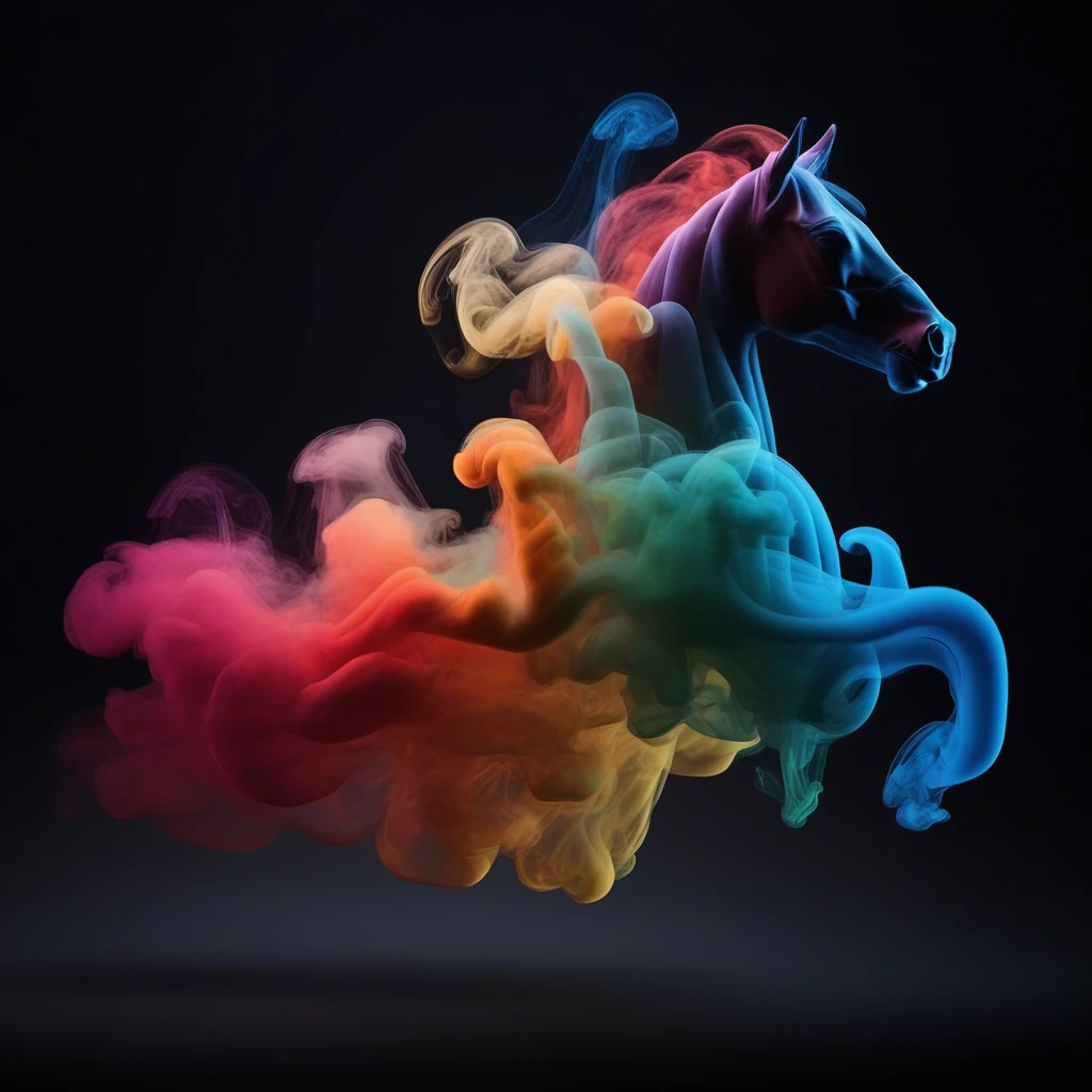 multicolored colorful smoke  taking the shape of a horse