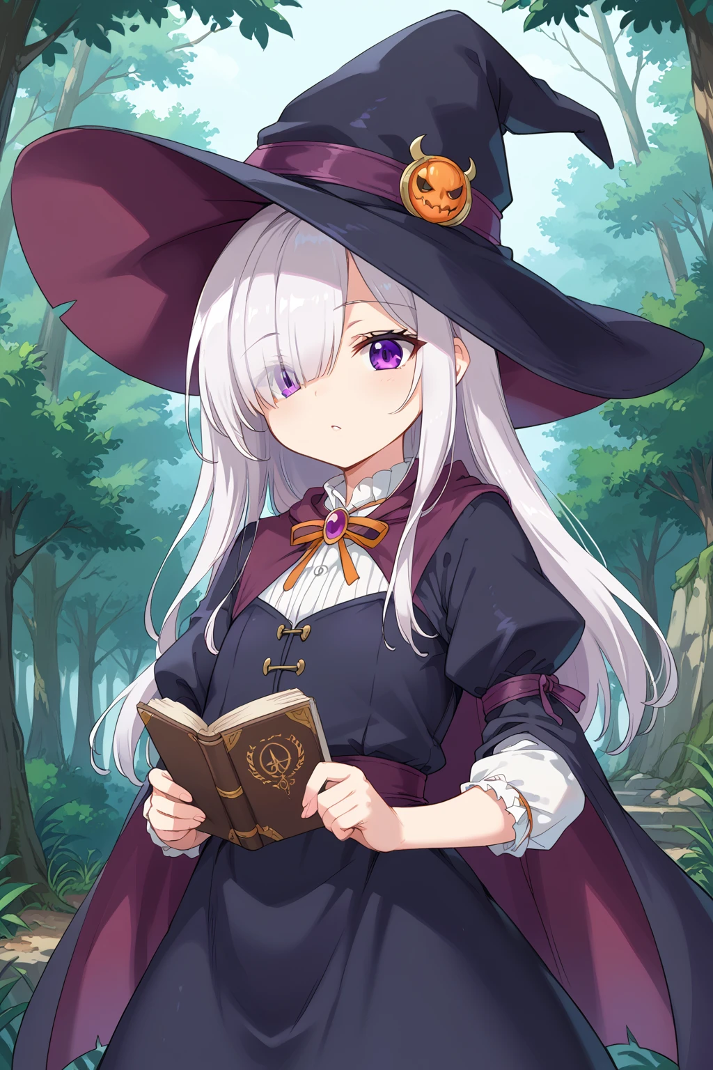 score_9, score_8_up, score_7_up, source_anime, BREAK, <lora:Tworship Pony:0.6>, pale skin, hair over one eye, witch hat, purple eyes, puffy sleeves, miniskirt, forest