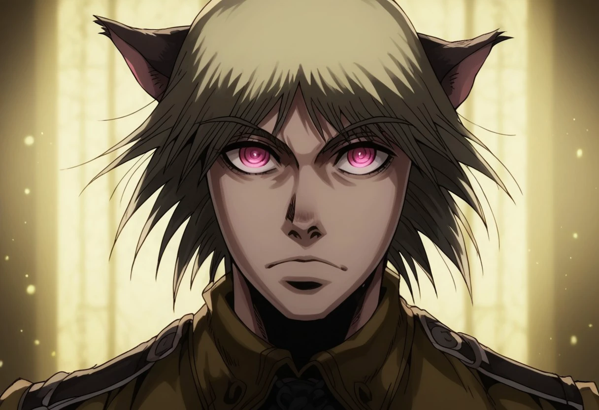 score_9, score_8_up, score_7_up, Neonhades, hellsing_ultimate_style, portrait, beautiful, dramatic lights. schrodingerhellsing. 1boy. male focus. catboy. cat boy. blonde hair, pink eyes