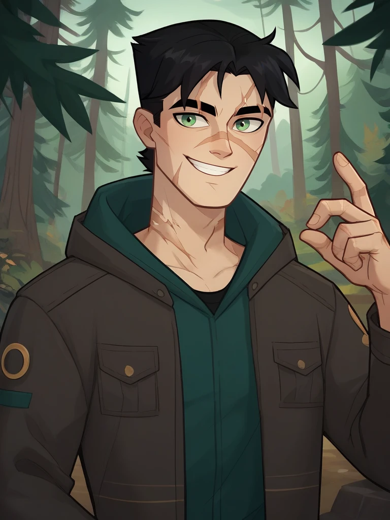 portrait of tom_DVC man, black hair, green eyes, jacket, scar, scar on face, smiling, forest background  <lora:Tom_Disventure_Camp:.7>, score_9, score_8_up, score_7_up, <lora:Smooth Anime 2 Style SDXL_LoRA_Pony Diffusion V6 XL:.3>   <lora:add-detail-xl:.8>  zPDXL3,