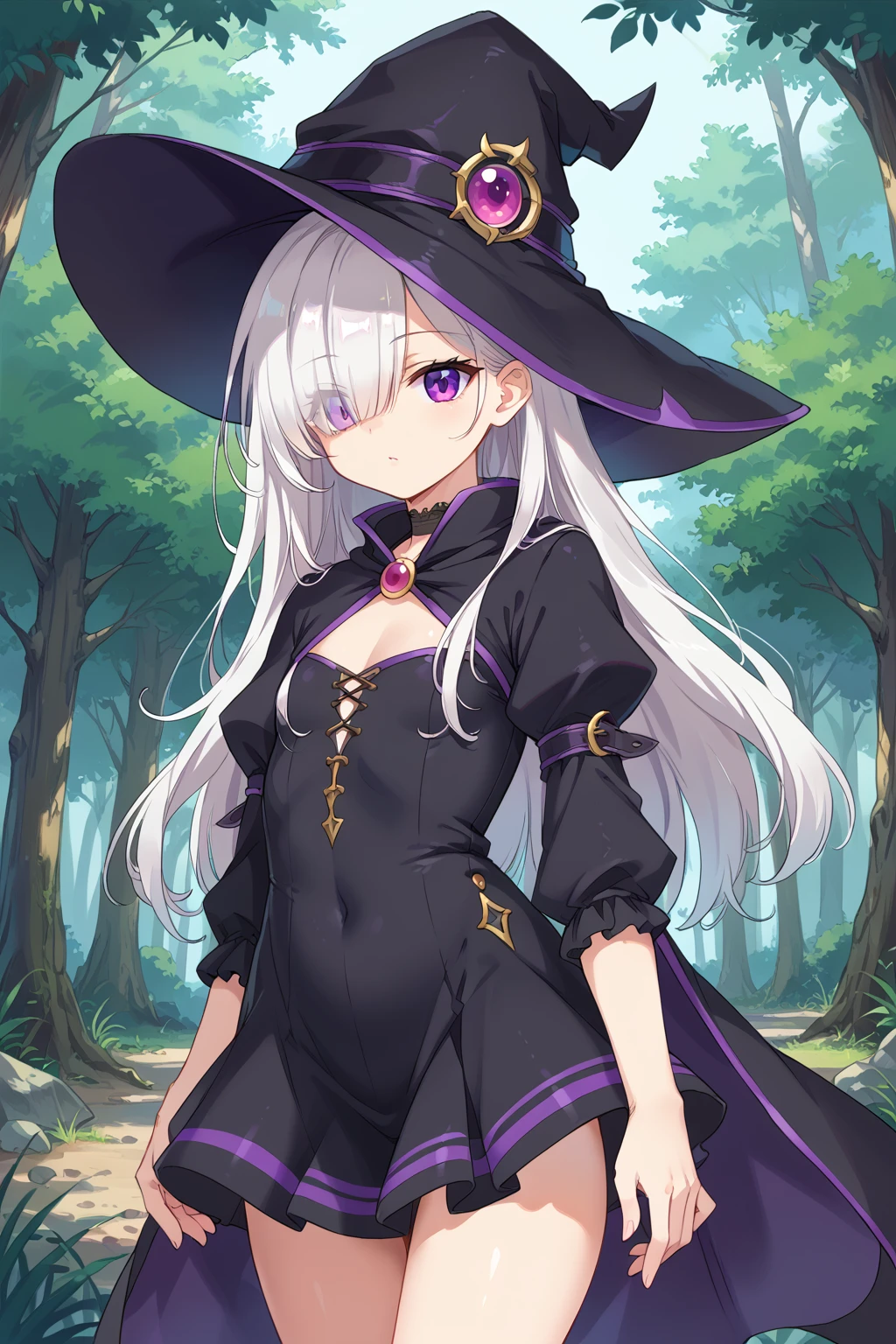 score_9, score_8_up, score_7_up, source_anime, BREAK, <lora:Tworship Pony:0.6>, pale skin, hair over one eye, witch hat, purple eyes, puffy sleeves, miniskirt, forest