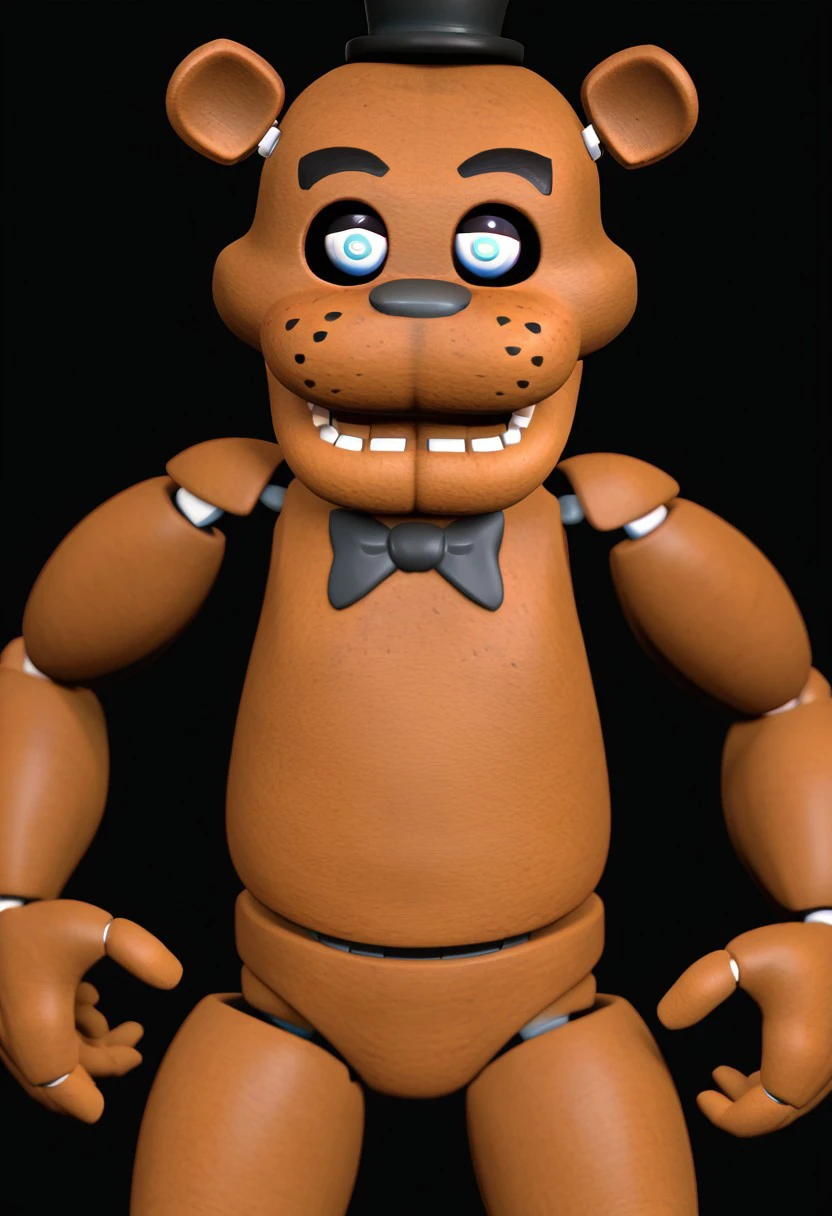 Freddy Fazbear 16nis, black Bowtie, bow, black top hat, 1Boy, robot, jaw open, looking at viewer, white pupil, blue iris, simple background, Black Background, Dark, In the dark, three freckles on snout, three black dots on each side of snout, image cuts off at thighs