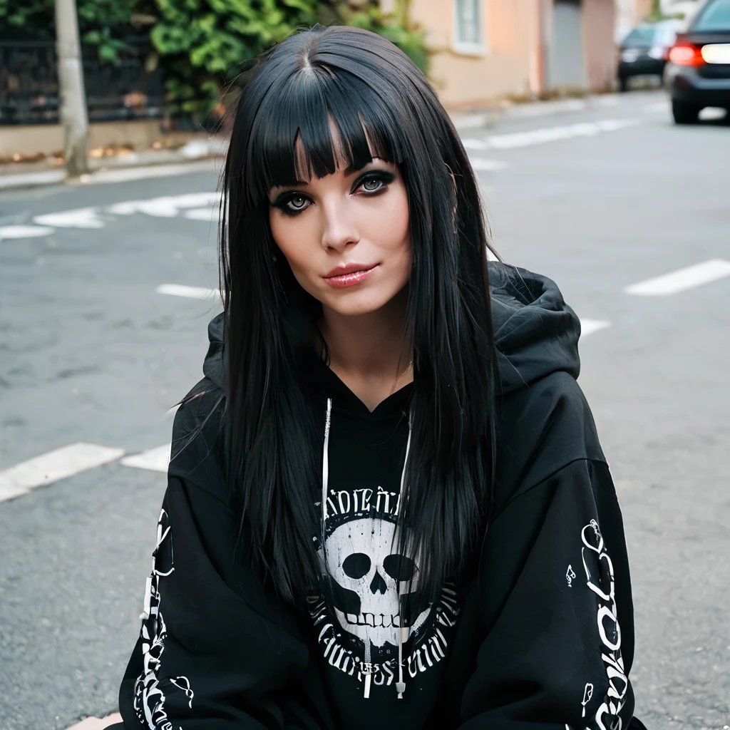 close-up female sits on street, 20 years, long black hair, hime cut, looking at viewer, oversized hoodie, black skirt, gothic, 1girl, <lora:Olga_Skaveeva_PonyXL:0.8>, olskab, score_9, score_8_up, score_7_up, hyperdetailed, hyperrealistic,