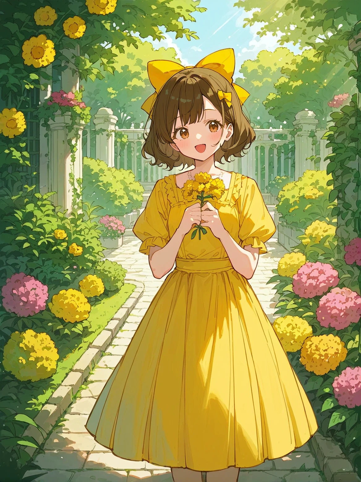 score_8_up, score_7_up, score_6_up, source_anime, 1girl, solo, garden, flowers, sunlight
happy, 
hairbackbow, yellow hairbackbow  <lora:backhairbow:1>
yellow dress