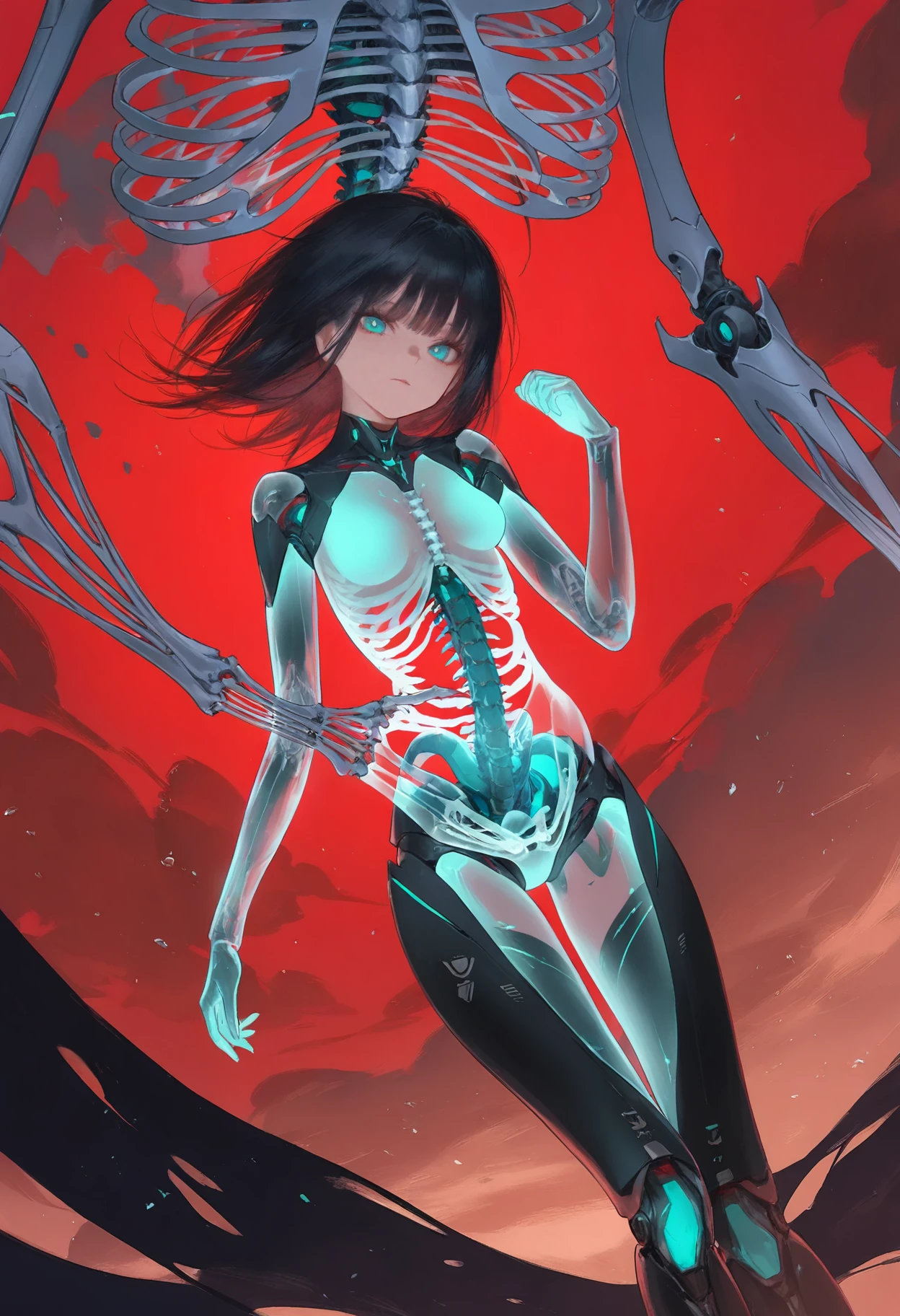 masterpiece, best quality, amazing quality, very aesthetic, absurdres, year 2023, onineko, tianliang duohe fangdongye, wlop, ciloranko, ask \(askzy\), miv4t, 1girl, android, aqua eyes, black hair, bone, glowing, detailed background, looking at viewer, mechabare, mechanical spine, medium hair, ribs, robot, science fiction, see-through body, skeletal body, slime \(substance\), solo, spine, translucent, transparent, ((breasts)), posing, 1other, monster, embrace, skeleton, mechanical legs, foetus, xray, skeletal hand