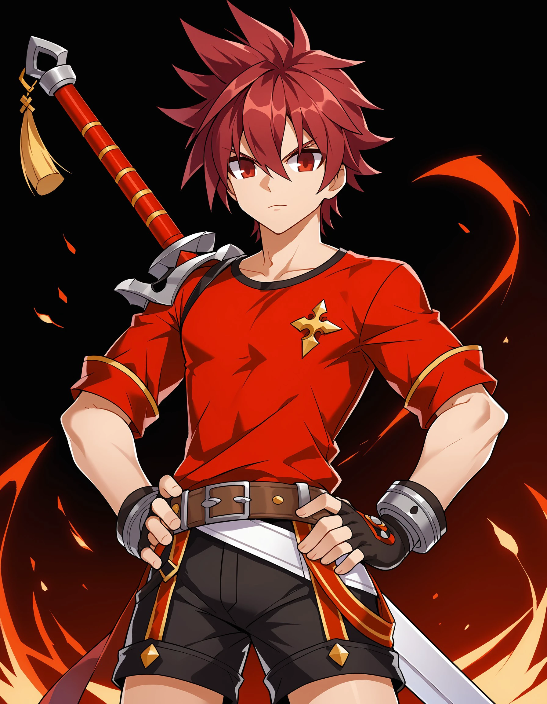 (masterpiece), best quality, expressive eyes, perfect face, elsword, weapon, sword, spiked hair, gloves, shorts, shirt, red shirt, hand on hip, belt, fingerless gloves, :o, left-handed, pants, cowboy shot, <lora:51a04244-d159-484b-ab1b-893490cfde2b:0.7>