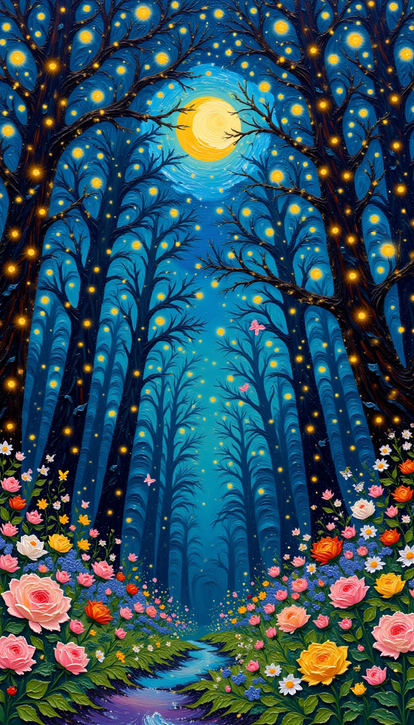 pinkoilpainting,A fantasy scene of an enchanted forest at night, where the trees are adorned with glowing bioluminescent flowers and creatures, casting a magical light across the forest floor