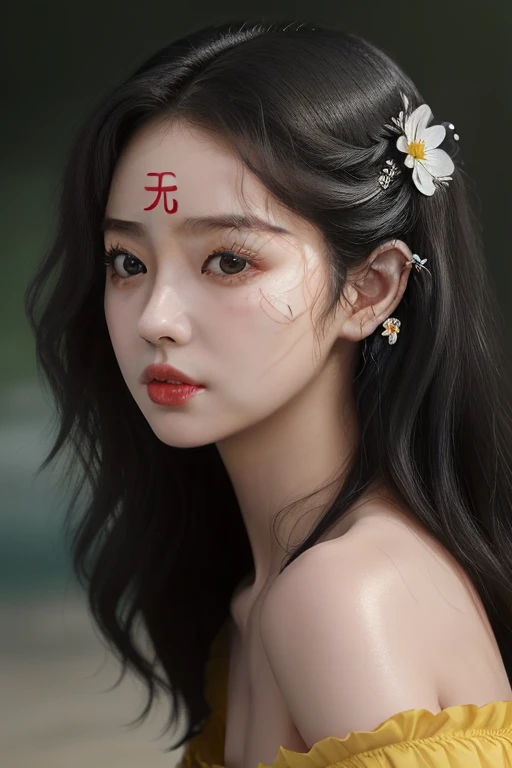 ((无)), ((无)), forehead, close-up, face focus, upper body, 1girl, a woman, wavy hair, hair flower, collarbone, lips, island, from side, young female, <lora:无:1>