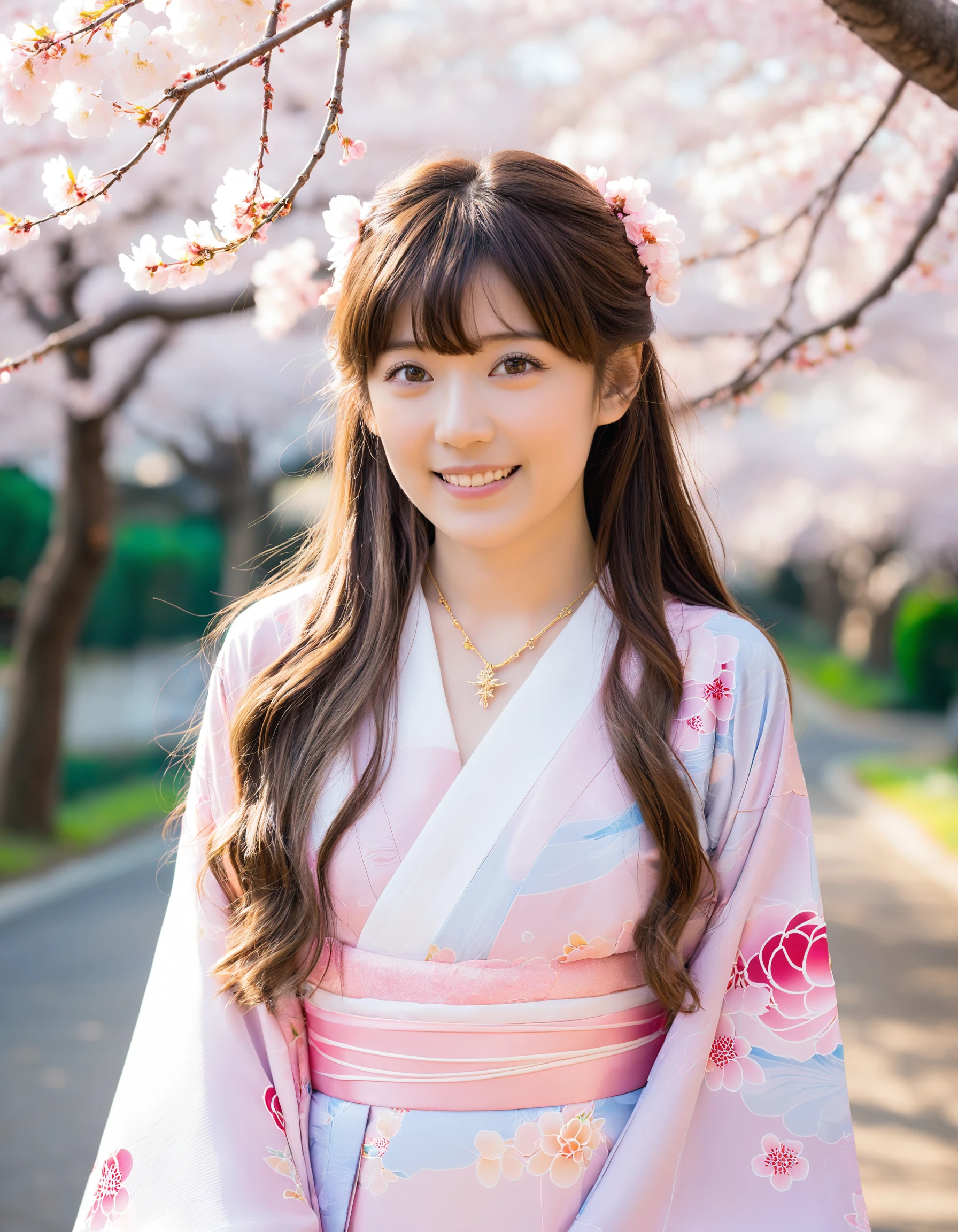 The photograph captures an idol girl standing confidently in front of a vibrant backdrop of cherry blossoms in full bloom. She wears a flowing, pastel-colored dress that seems almost ethereal, with delicate patterns reminiscent of traditional Japanese kimonos. Her long, wavy hair cascades down her back, framing her face which is illuminated by soft, natural light filtering through the pink and white petals overhead. The girl's eyes sparkle with determination and joy, and she sports a subtle smile that conveys both her passion for performance and a sense of inner peace. Around her neck hangs a delicate gold necklace with an intricate pendant, adding to the overall aesthetic appeal of the photograph. Her expressive gaze is directed at something off-camera, as if looking forward to the next note or beat in her upcoming performance, creating an air of anticipation that draws viewers into the scene.
