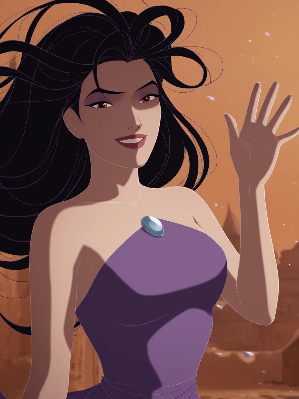 score_9, score_8_up, score_7_up, score_6_up, BREAK, SimbEris, 1girl, solo, long hair, smile, black hair, floating hair, lips, makeup, bare shoulders, purple dress, upper body, smile, raise left hand, waving, looking at viewer <lora:Eris:0.8>