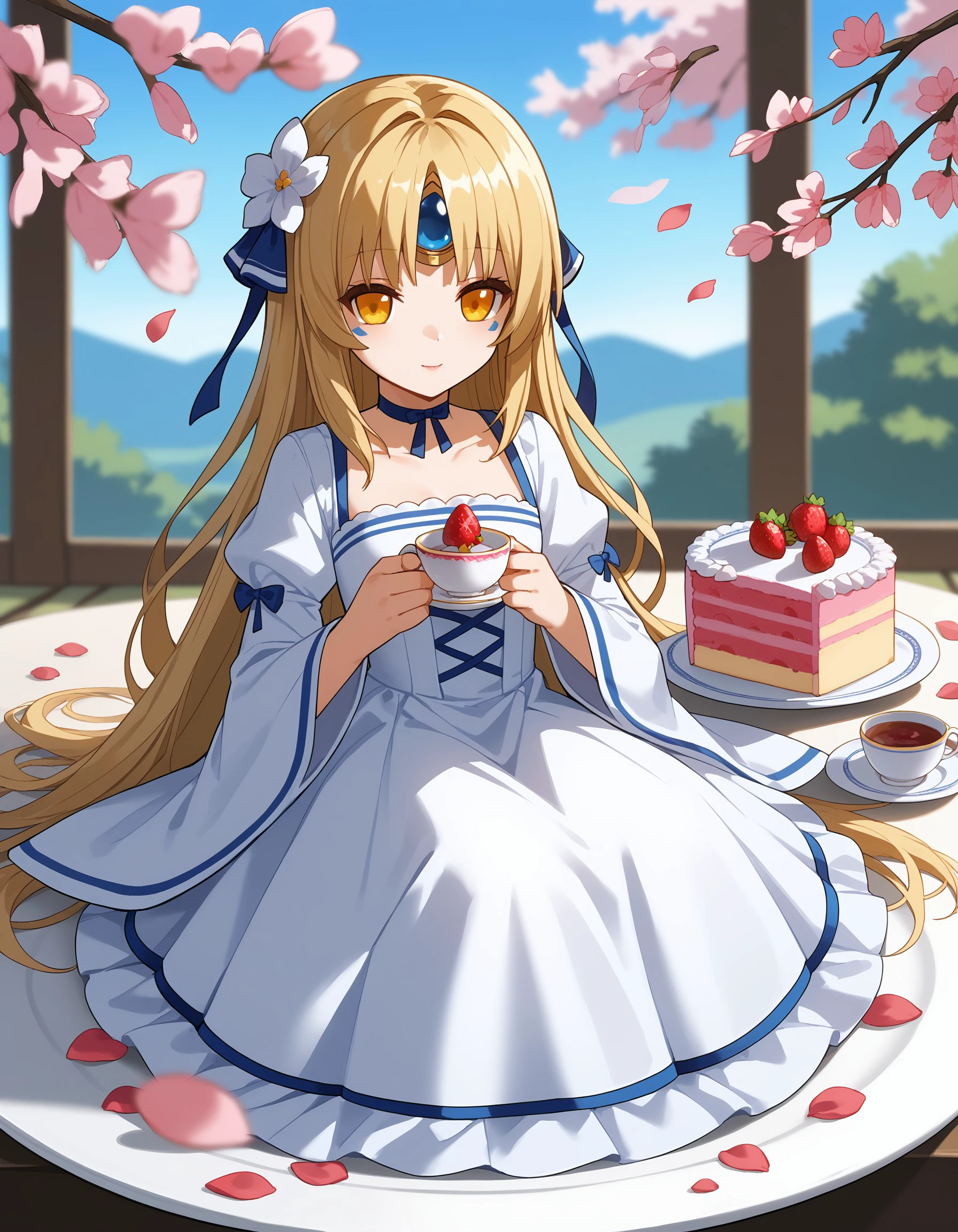 (masterpiece), best quality, expressive eyes, perfect face, blonde hair, strawberry, minigirl, food, dress, flower, cup, hair ornament, fruit, cake, petals, sitting, plate, hair flower, white dress, high heels, teacup, holding, looking at viewer, choker, shoes, blurry, cake slice, saucer, cherry blossoms, long hair, jewelry, wide sleeves, ribbon, depth of field, nasod_queen, <lora:e69c5912-0919-4674-b378-bb4fcf4043fb:0.7>