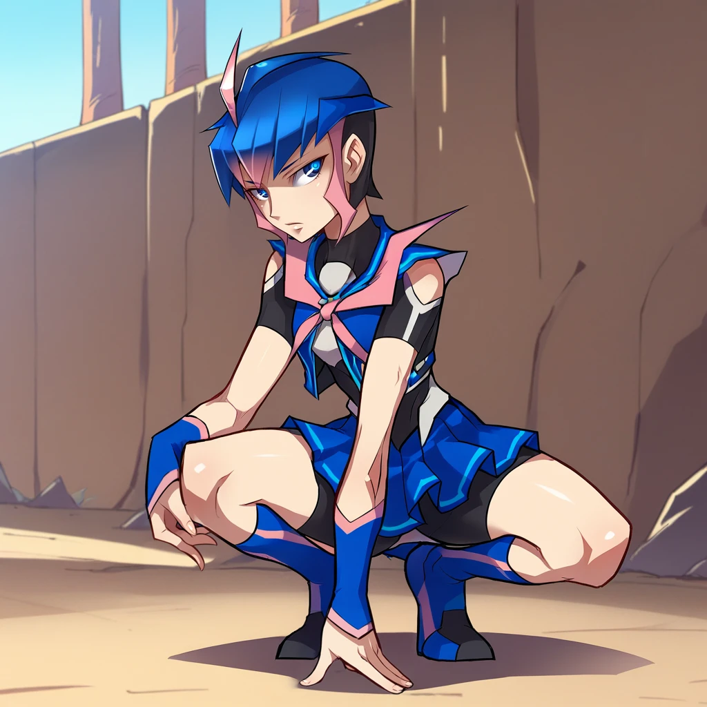 score_9_up, score_8_up, BREAK, Arcee, 1girl, solo, blue hair, short hair, blue eyes, school uniform, skirt, bike shorts under skirt, blue footwear, <lora:Arcee_RYUSEI-R_PXL_Leaf1_r1:1>, squatting,