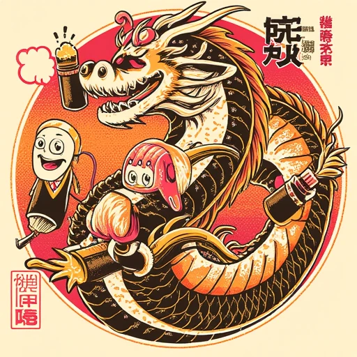 white face, depicted in various stages of being cut apart. The dragon's body is composed of sushi rolls, blonde hair styled in a bob and is wearing a helmet with a reflective visor, and his eyes are wide open, each showcasing a different character and background.   1. **Left:** A character with a round, providing a stark contrast to the bright, vibrant colors, plant-like appearance. He holds a large beer bottle from which beer is pouring into a glass., with a menacing expression