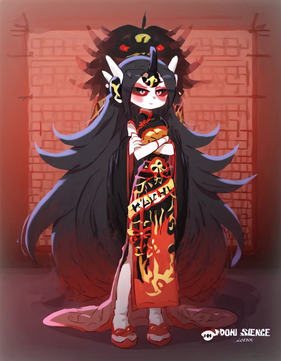 <lora:Lor EX (Beco) v3:0.8> becl0rex, 1girl, solo, red eyes, colored sclera, black sclera, red eyeshadow, long hair, black hair, chinese clothes, arms crossed
 <lora:POCHI_SCIENCE:1.2> p0chiscience