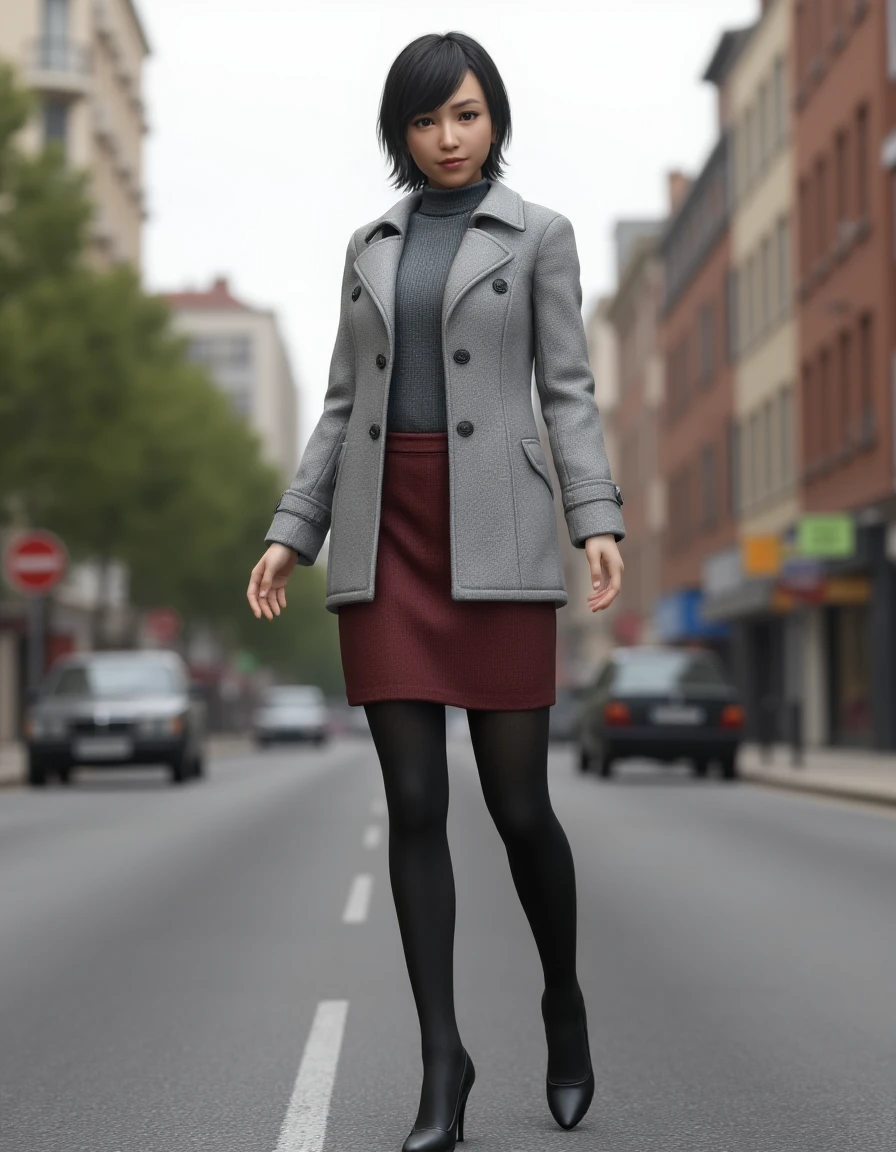 <lora:Haruka_Sawamura:0.8> Video game screenshot. Full-body photo of hrkswmr making a photoshoot pose in the middle of street. She has short hair and is wearing a grey coat, dark red skirt, black tights and black high heels.