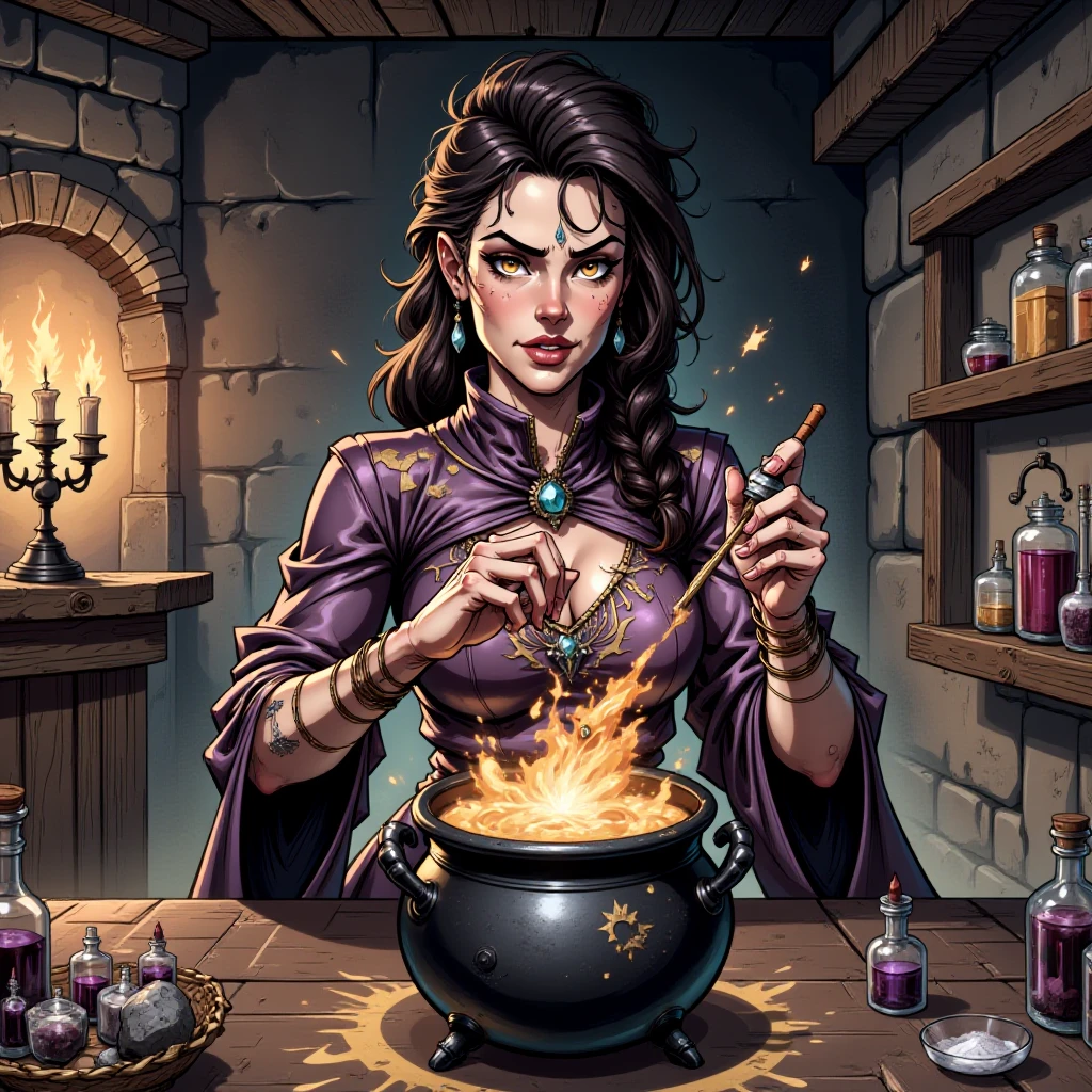 a close-up shot of a woman sitting at a large wooden table in a medieval-style room, viewed from the front, her face is the focal point as she carefully stirs a bubbling cauldron, the cauldron is filled with a vibrant, swirling liquid that emits a soft, glowing light, her long, flowing dress is made of rich, dark fabric, adorned with intricate patterns that suggest her status as a skilled potion maker, her hair is tied back in a loose braid, with a few wisps framing her face, her expression is focused and serene, capturing her concentration as she adds a pinch of shimmering powder from a small vial, the background features ancient shelves filled with glass jars and mysterious ingredients, dimly lit by flickering candles mounted on the stone walls, casting dancing shadows around her, the overall scene conveys a mystical atmosphere, highlighting the essence of alchemy and sorcery in a fantastical setting.
 <lora:marvelmixxv2_rank16_bf16:1>