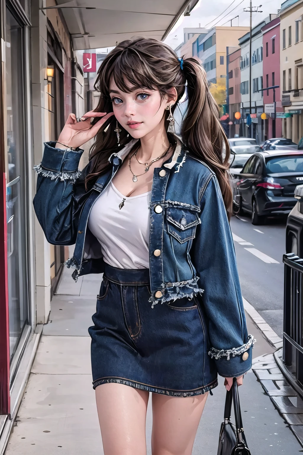 (masterpiece, best quality:1.2),illustration,8k,hd,1 girl,very long hair,solo,(collarbone:1.2),looking at viewer,twintails,
Common,denim jacket,jewelry,denim skirt,denim,earrings,blue jacket,blue skirt,big breasts,sleeves past wrists,long sleeves,white shirt,necklace,outdoors,day,lake,extremely detailed dress,crystalstexture skin,front view,