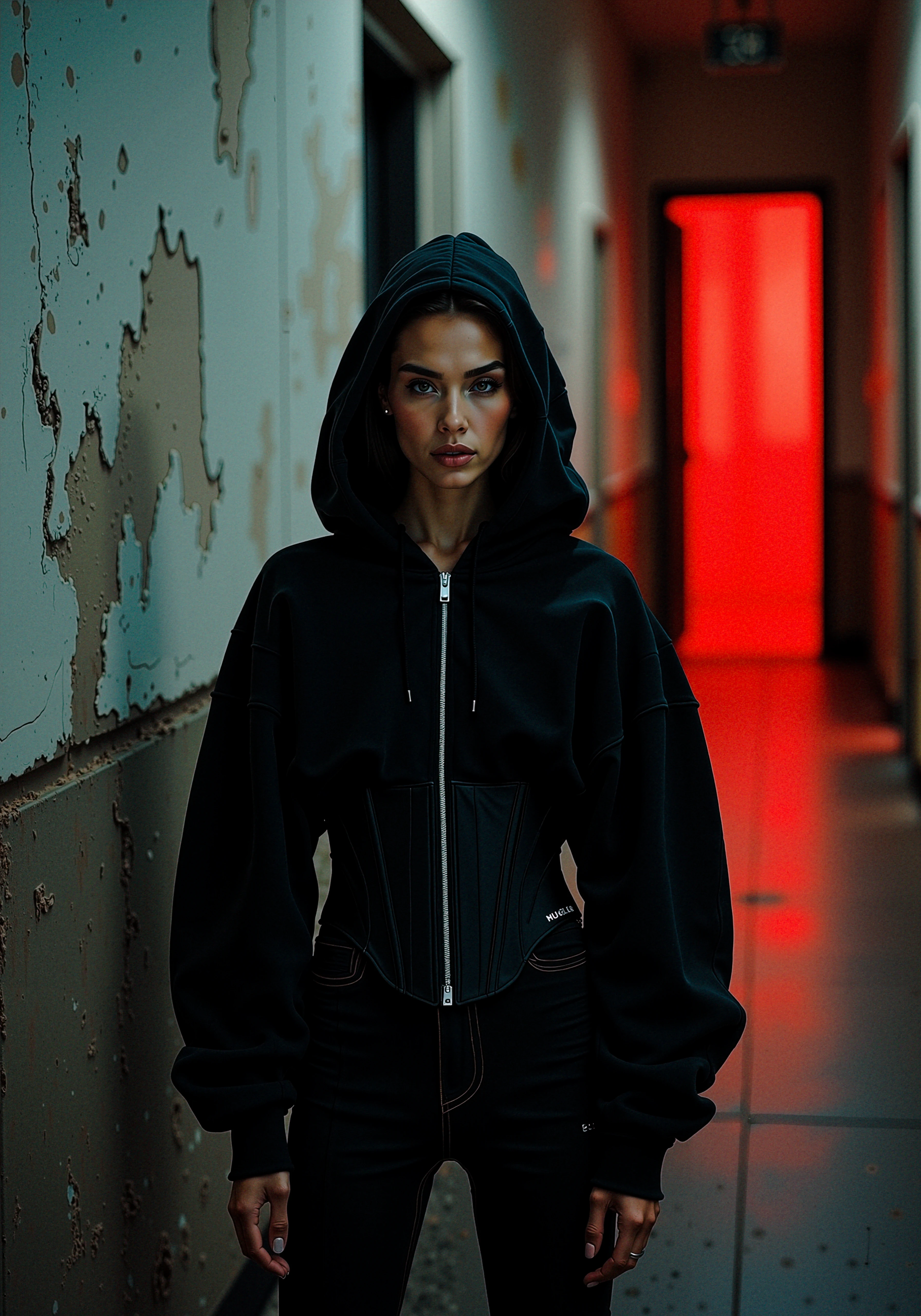 (extremely detailed 8k wallpaper), cinematic, fashion editorial, 
In a dark, eerie hallway with dim green lighting, an avant-garde model stands in the background. She wears black mugler hoodie jacket with a corset design,prominent brand logo "MUGLER.", edgy black outfit, which features a zip-up front and fitted corset around the waist, creating a stark contrast between her modern, fashion-forward look and the ominous, decaying surroundings. The red light spilling from an open door casts dramatic shadows on the floor, while the walls are cracked and worn, adding to the unsettling atmosphere. The model's avant-garde features and pose add a surreal, almost otherworldly presence, as she seamlessly blends into the unsettling yet stylish environment.
