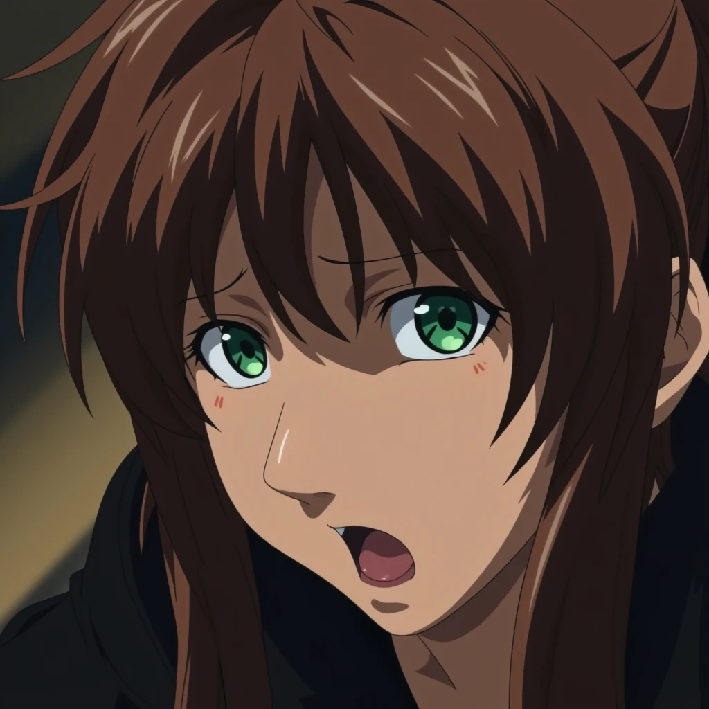 UHD, 4k, ultra detailed, cinematic, a photograph of  <lora:Bible Black Adult animation style v2:0.5>
In Adult animation style, In Manga and Anime cartoon style High angle from above, Kurumi Imari a close up of a big eye surprised person with green eyes, solo, looking at viewer, open mouth, brown hair, 1boy, hair between eyes, green eyes, male focus, close-up, wide-eyed, eye focus, brown hair, long hair, pony tail, eroge, anime, manga, nsfw, cartoon, Adult animation, explicit, Original video animation, Baiburu Burakku style, Bible Black style green_eyes, eroge, anime, manga, nsfw, cartoon, Adult animation, explicit, Original video animation, Baiburu Burakku style, Bible Black style, 1girl, simple background, dark skin, epic, beautiful lighting, inpsiring