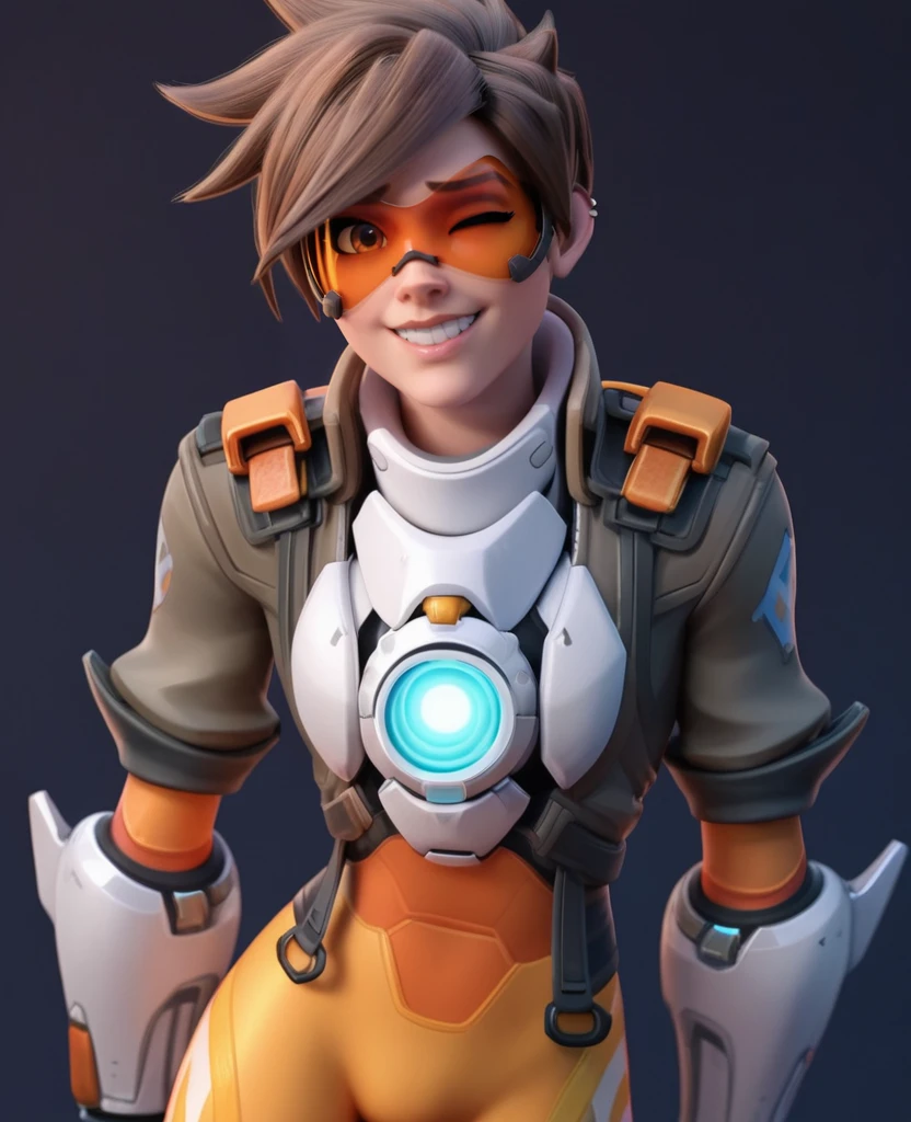 score_9, score_8_up, score_7_up, score_6_up, score_5_up, simple background, black background, realistic,   <lora:Tracer_Overwatch_2_Default:0.8>, 1girl, solo, solo focus, tracow, vambraces, harness, bodysuit, jacket, gloves, goggles, brown hair, looking at viewer, smile, standing, arms behind back, leaning to the side, one eye closed, teeth,