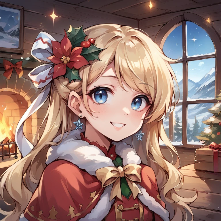 (score_9, score_8_up, score_7_up), source anime,  <lora:backgroundsetXL:0.2> , background,  indoor, interior, winter, log cabin, fireplace, sparkles, glitter, fairies, mountain, BREAK
<lora:Priscilla:0.6> , prdef, 1girl, blonde hair, blue eyes, long hair, hair ornament, hair ribbon, white hair ribbon, neck ribbon, yellow neck ribbon, hair flower, earrings, capelet, fur-trimmed capelet, smile, ((close-up, face)), christmas (theme),  red shirt, dress, perfect hands, arms at sides, looking at viewer, <lora:3th3r34lXLP:0.5> , 3th3r34l,