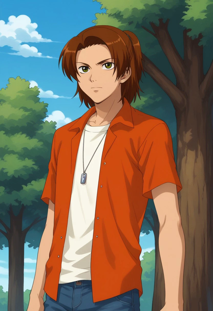 score_9, score_8_up, score_7_up, source_anime, highly detailed,
masaru, 1boy, male focus, solo, brown hair, ponytail, green eyes, t-shirt, white t-shirt, orange shirt, open shirt, open clothes, short sleeves, pants, jeans, denim, jewelry, dog tags, upper body,
outdoot, sky, cloud, tree
