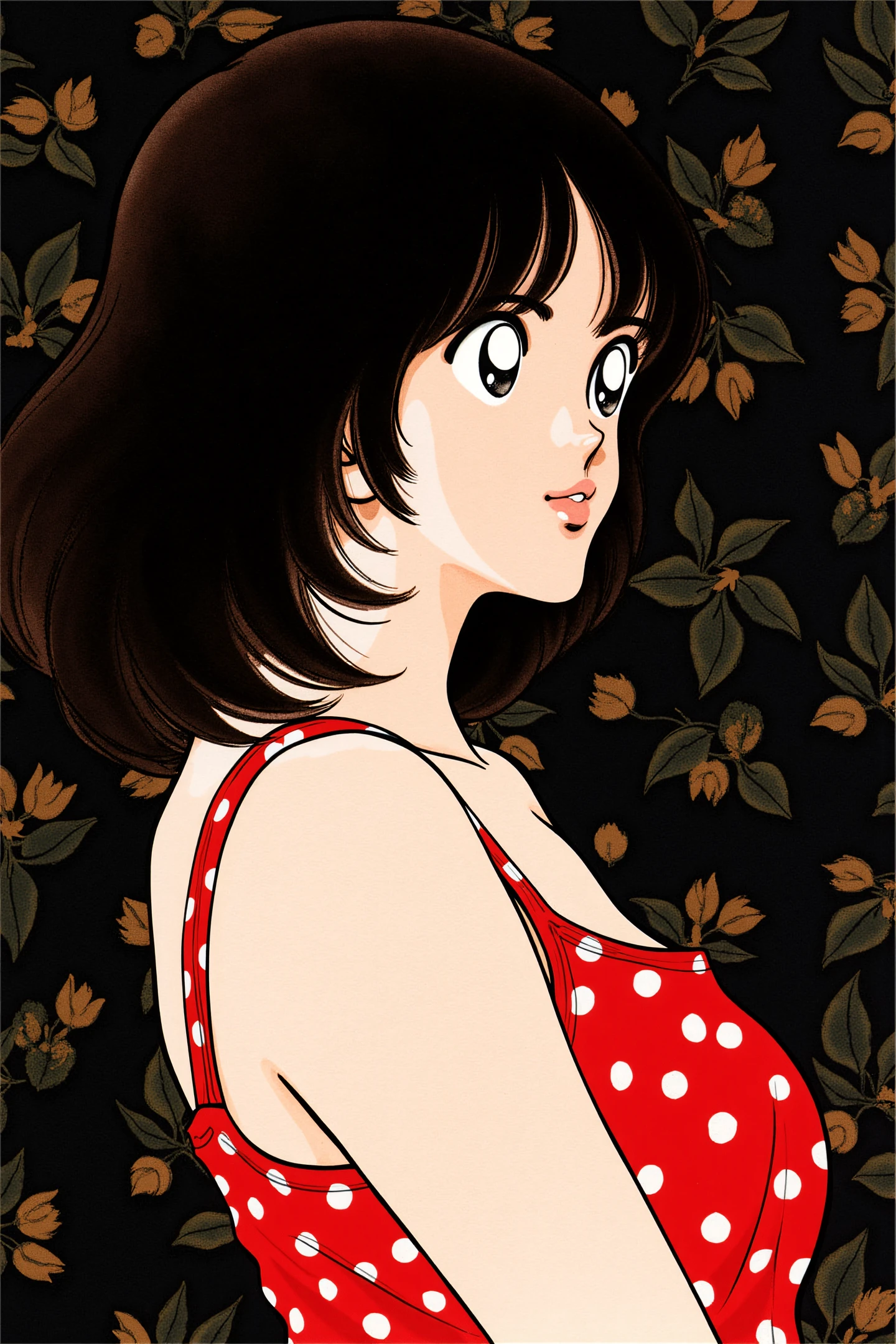 1girl,solo,medium hair,profile,black and brown hair,portrait,retro artstyle,lips,red polka dot tank top,dark floral background,
<lora:Adachi_FLUX:1>,