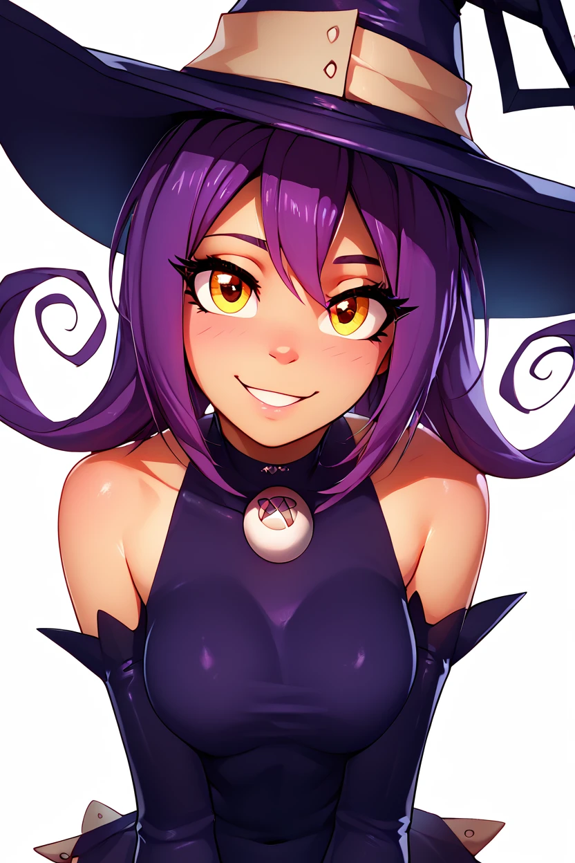 score_9, score_8_up, score_8, medium breasts, (curvy), cute, eyelashes, BREAK, , zzBlair, 1girl, solo, yellow eyes, purple hair, witch hat, witch, detached sleeves, black short dress, thighhighs, <lora:Blair_SoulEater_PDXL_v1:1.0>, , BREAK, looking at viewer, ,,, smile, upper body, leaning forward, head tilt, ,,, embedding:zPDXL, Expressiveh, ,,, <lora:theButcherXPDXL:0.8>, <lora:CatalystStylePDXL:0.6>, <lora:SDXLFaeTastic2400:0.5>, <lora:Expressive_H-000001:0.4>,