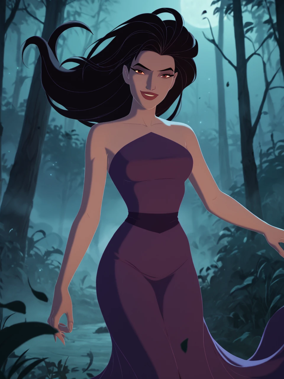 score_9, score_8_up, score_7_up,  score_6_up, BREAK, SimbEris, 1girl, solo, long hair, smile, black hair, floating hair, lips, makeup, bare shoulders, purple dress, night, in the forest, fog, looking at viewer <lora:Eris:0.8>