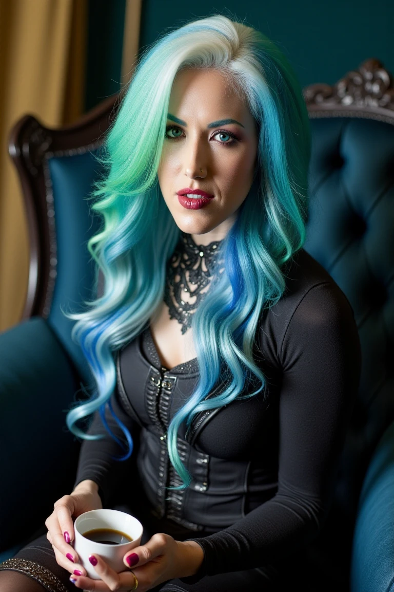 cinematic photo  <lora:AlissaWhiteGluzQuironFLUX-000001:1.3> AlissaWhiteGluzQuiron, AlissaWhiteGQuiron, a photograph of  a  woman  with blue hair a and green eyes,  narrow waist,  smiling  , perfect hands,  cosplaying wearing  emma frost costume,  Seated on a vintage armchair, she holds a delicate teacup, her eyes filled with whimsy,  . 35mm photograph, film, bokeh, professional, 4k, highly detailed