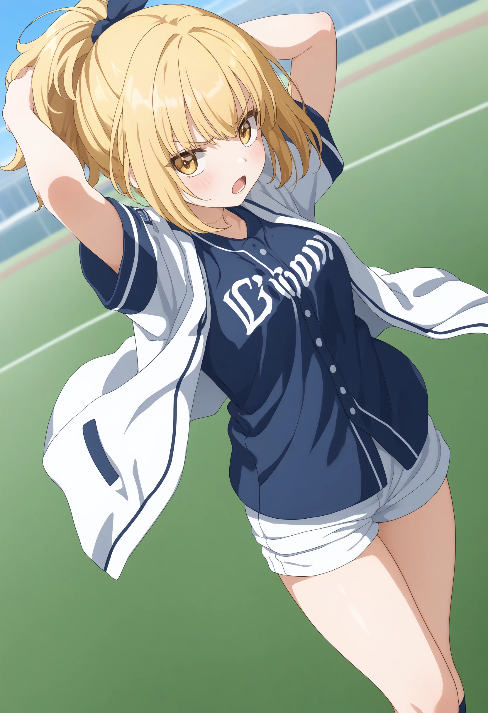 (masterpiece:0.7), (best quality:1.1),
(by sincos:0.5),(by ningen mame:0.5),(by toosaka asagi:0.5),
1girl,solo,medium breasts,
seibu,baseball uniform, clothes writing, short sleeves,miniskirt, thighs  ,open jacket, <lora:lions_Pony_v1:0.7>
from below, fisheye lens, looking back, blonde hair, golden eyes,annoyed, athletic field, open mouth, bob cut hair,,