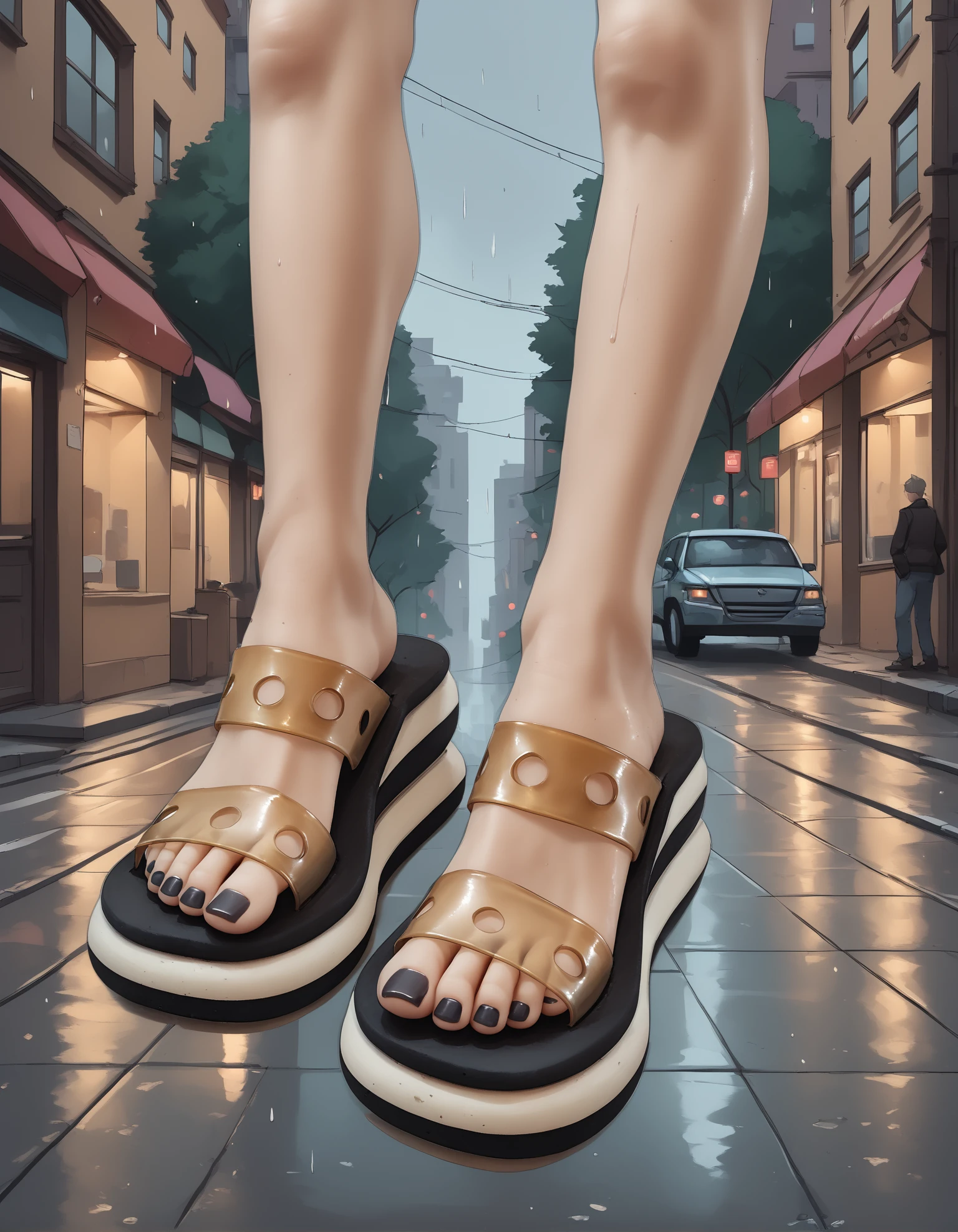 score_9, score_8_up, score_7_up, score_6_up, score_5_up, score_4_up, source_anime,
1girl,
standing, 
street, outdoors, rain, day,
(ï»¿uf0 sandals), black toenail polish, feet, toes, perfect feet,
feet only, (foot focus:1.1), from above, from side,
embedding:zPDXL2 ,