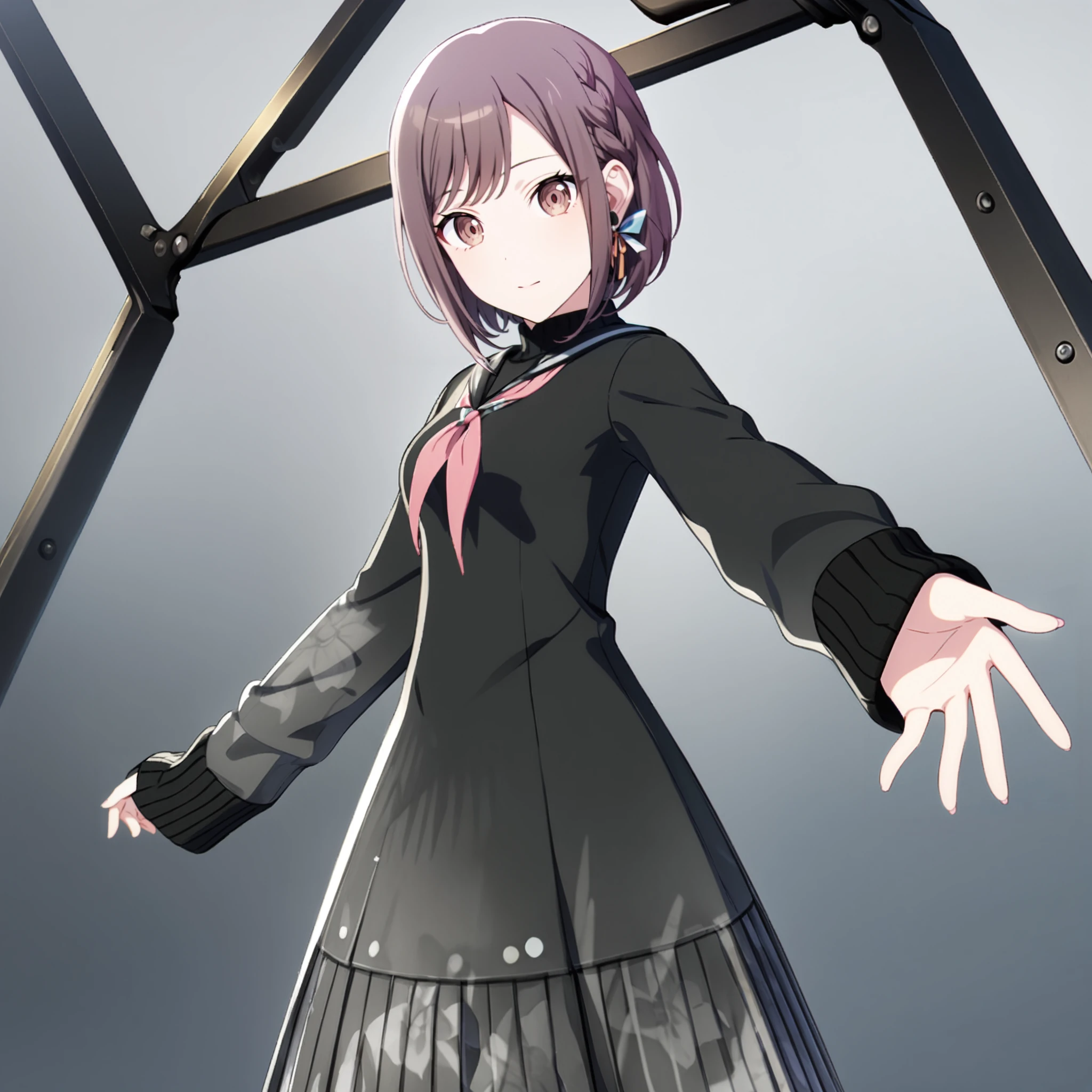 1girl, shinonome ena, project sekai, masterpiece, very aesthetic, absurdres, official art, recent,
brandnew ena, solo, brown short hair, brown eyes, braid,
(looking at viewer:1.4),  standing, reaching towards viewer, 
long skirt, sleeves past wrists, long sleeves, jewelry, sweater, black sweater, pleated skirt, pinching sleeves, grey skirt, turtleneck, bow, floral print, shirt, neckerchief, ribbon, turtleneck sweater, black shirt, 
(steel frame:1.4), mist, grey background, blurry background, 
 <lora:sdxl-25-BNEna03:0.9:lbw=0,0,0.2,0.2,0,0.4,0.4,0,0.8,0.8,0,0,0,0.8,0.8,0.6,0.8,0.0,0.0,0.0,0,0,0,0,0,0>