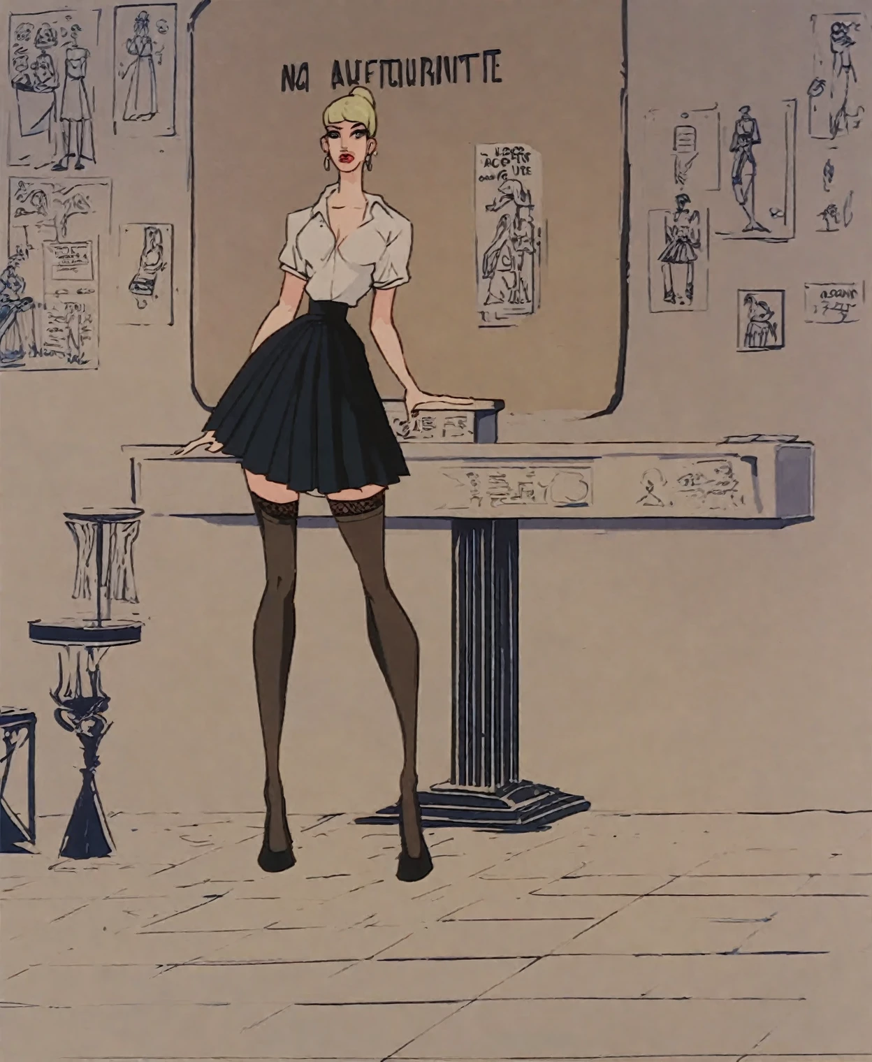 <lora:Cleopatra1970_pony_v1:1> a frame from "cleopatra \(1970\)", Standing before the blackboard, the new teacher at school commands attention. Her attire, a crisp unbuttoned satin blouse paired with a pleated skirt, is accented by the subtle allure of (laced stockings), adding a touch of fragile femininity to her slender authoritative presence in the classroom. She is revealing her perky protuberant femininity, exposing long narrow calves, (narrow waist), and her gently protuberant skinny curves with fragile, yet authoritative and distinguished femininity., score_9, score_6_up, score_7_up