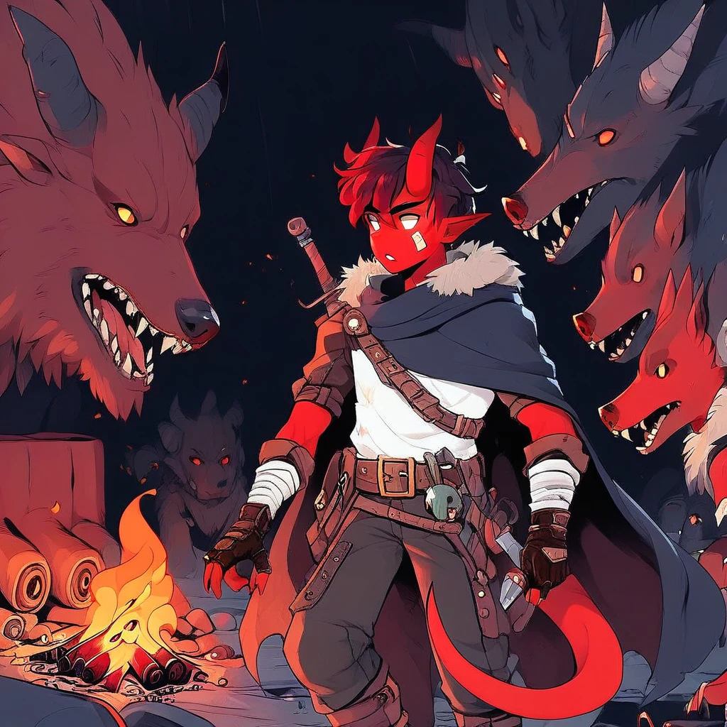 bandages, gloves, weapon, horns, knife, cape, red skin, male focus, campfire, fingerless gloves, belt