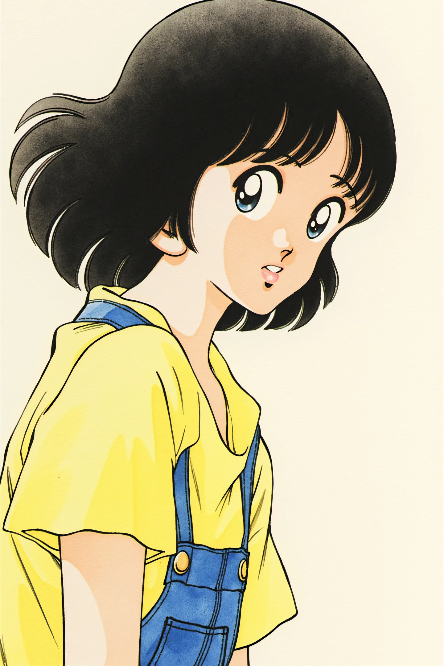 1girl,solo,black hair,shirt,overalls,short hair,upper body,short sleeves,yellow shirt,blue eyes,bangs,looking to the side,retro artstyle,t-shirt,parted lips,
<lora:Adachi_FLUX:1>,