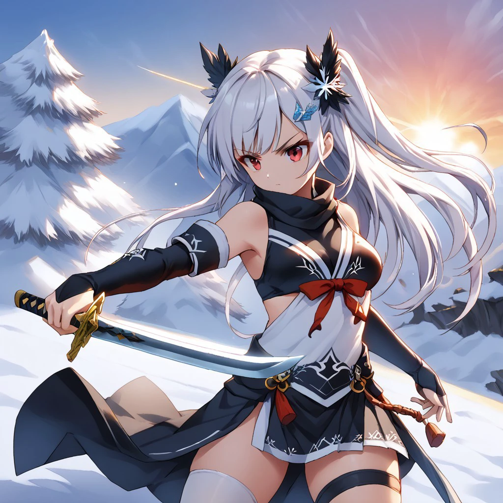 Elbow gloves, bikini, hair ornament, long hair, single thighhigh, bangs,sword, fighting wolf, battle pose,hand hold sword, Snowy mountain background