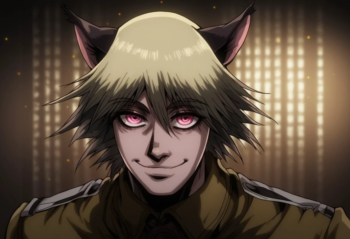 score_9, score_8_up, score_7_up, Neonhades, hellsing_ultimate_style, portrait, beautiful, dramatic lights. schrodingerhellsing. 1boy. male focus. catboy. cat boy. blonde hair, pink eyes, smile, ^.^