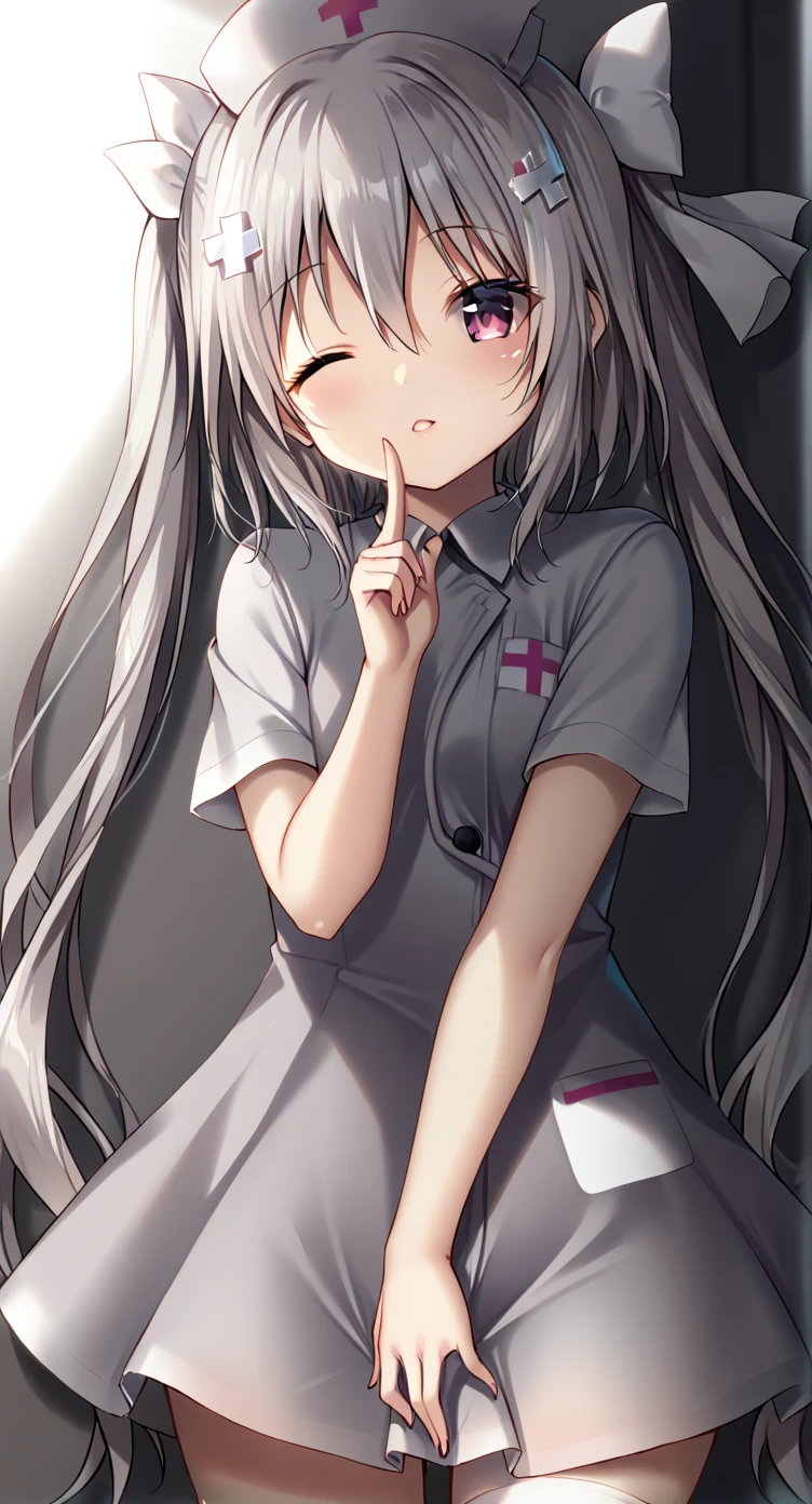 <lora:Neri:0.7>,<lora:nurse_XL-bf16-pony-v1:1>,Neri,cotton balls for clothing,1girl,solo,x hair ornament,hair between eyes,one side hair bow,grey hair,twintails,nurse,index_finger_raised,one eye closed,head_tilt,looking_down,