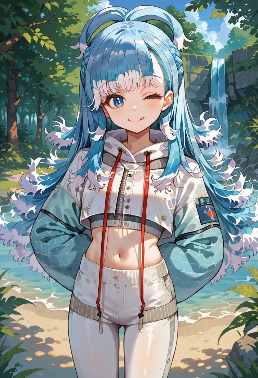 score_9, score_8_up, score_7_up, score_6_up, 

outdoors, forest, waterfall,

1girl, solo, 

kobo_first, cute, skinny, blue hair, multicolored hair, white hair tips, long hair, wavy hair, blue eyes, jewelry, light blue pupils, 

white hoodie, cropped hoodie, crop top, midriff, open jacket, blue sleeves, sleeves past wrists, jacket, see-through jacket, zipper, drawstring, navel, 
white pants, tight pants, white socks, white shoes, red soles, hands behind back, 

cowboy shot, head tilt, posing,
smile, closed mouth, one eye closed, tongue out, 