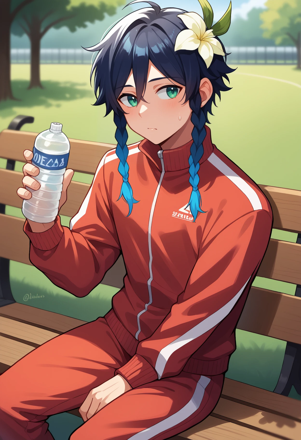 score_9, score_8_up, score_7_up, source_anime, <break> solo, male focus, 1boy, v3ntidef, sweat, looking away, sitting, park bench, holding water bottle, multicolored hair, black hair, blue hair, short hair with long locks, twin braids, side braids, hair flower, white flower, green eyes, track suit, red jacket, track jacket, long sleeves, red pants, outdoors
<segment:yolo-face_yolov8m.pt,0.4,0.5//cid=1>