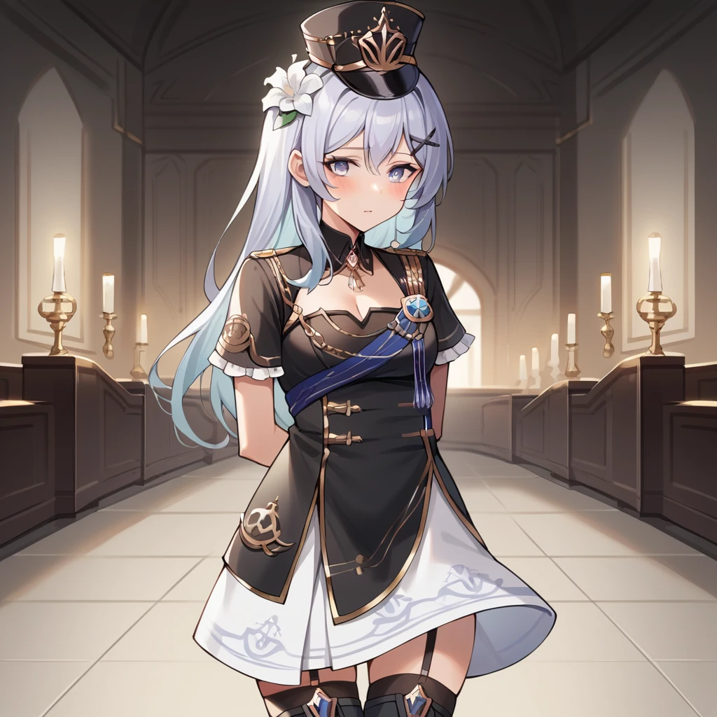 score_9_up, score_8_up, score_7_up, source_anime, 1girl, solo, Hela, AG_Muse, grand hall, luxurious interior, chandelier, standing, arms behind back, looking to side, slight blush, nervous, black dress, military uniform, light blue hair, purple eyes, thighhighs, black thighhighs, military dress, layered skirt, gold trim, blue strap, hairclip, white skirt, black skirt, black footwear, thigh boots, garter strap, black gloves, military hat, detached collar, cleavage cutout, small breasts, black sleeves, short sleeves, white flower, hat flower, mature body, dynamic cowboy shot, indoors, grand hall background