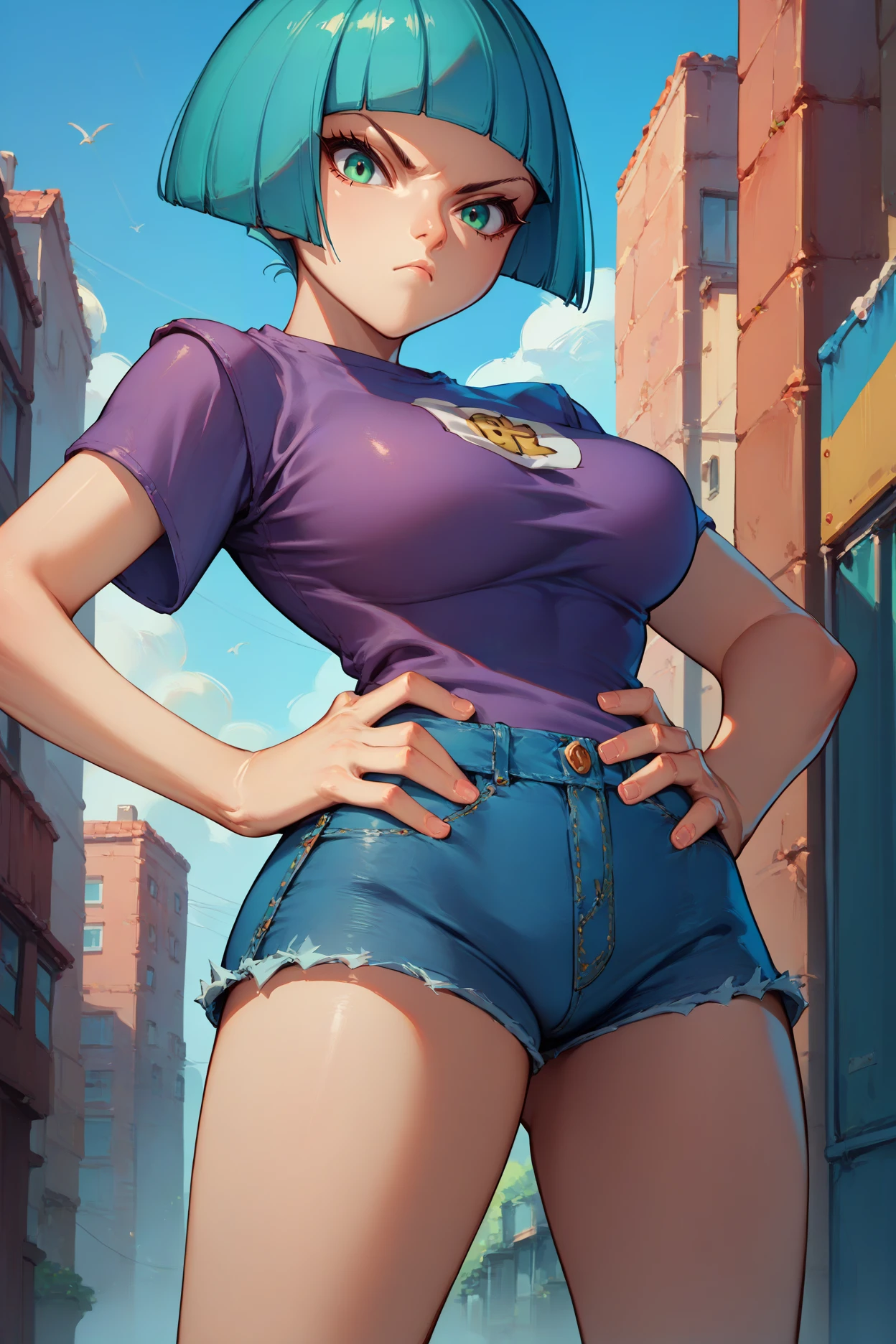 score_9, score_8_up, score_7_up, score_6_up, source_anime, 1girl, solo <lora:pkmntgg-pdxl-nvwls-v1-000005:1> pmtgg, cyan hair, short hair, blunt bangs, green eyes, large breasts, purple t-shirt, denim shorts, looking at you, hands on hips, pout, blue sky, city