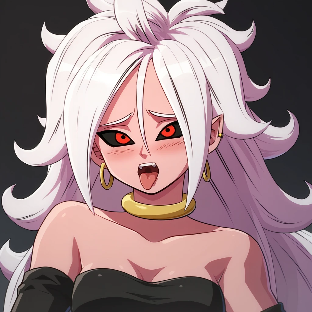 score_9, score_8_up, score_7_up, score_6_up, score_5_up, simple background, black background, <lora:Android_21_Fighterz_Style:0.8>, 1girl, solo focus, solo, android21fz, pink skin, black sclera, red eyes,  tube top, midriff, navel, white hair, long hair,  elbow gloves, bare shoulders, bracelet, white pants, android 21,  BREAK close-up, tongue out, open mouth, ahegao, looking up, blush, portrait, pov