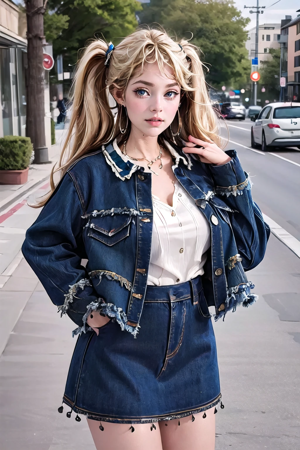 (masterpiece, best quality:1.2),illustration,8k,hd,1 girl,very long hair,solo,(collarbone:1.2),looking at viewer,twintails,(blonde hair:1.2)
Common,denim jacket,jewelry,denim skirt,denim,earrings,blue jacket,blue skirt,big breasts,sleeves past wrists,long sleeves,white shirt,necklace,outdoors,day,lake,extremely detailed dress,crystalstexture skin,front view,
