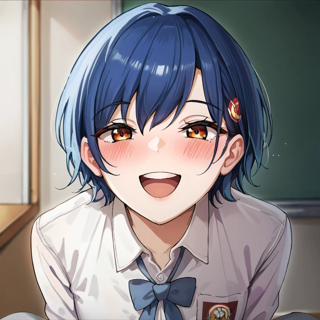 score_9, score_8, score_7, source_anime, indonesian school uniform, POV, looking at viewer, blush, smile, open mouth, upper teeth only