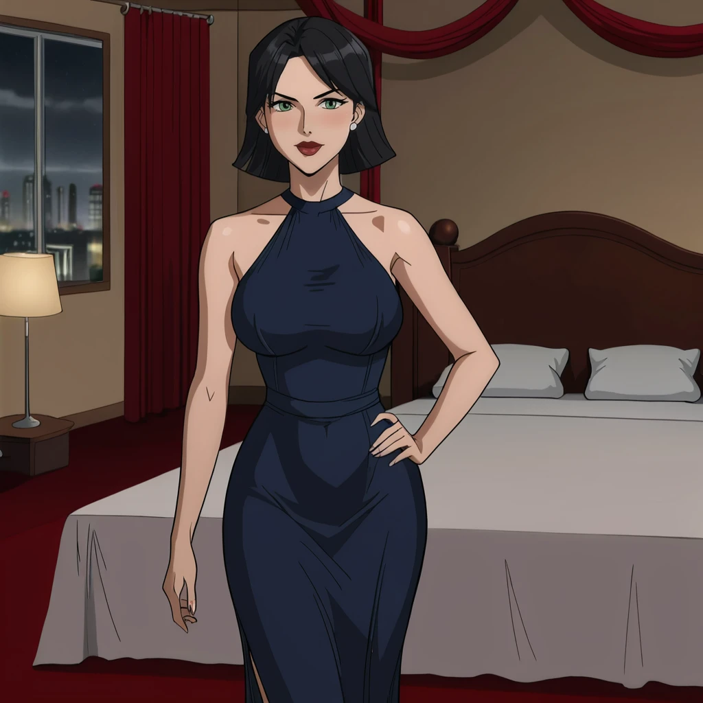 <lora:catwomanlonghalloween_pony_v1:.8>  SelinaKyleLongHalloween, 1girl, large breasts, lipstick, makeup,  short black hair, red lips,  bedroom, cowboy shot,  <lora:0932 Home wear 9_v1_pony:1> ruanyi0932,blue dress,halter dress,sleeveless,cowboy shot,taut dress,skin tight,long dress