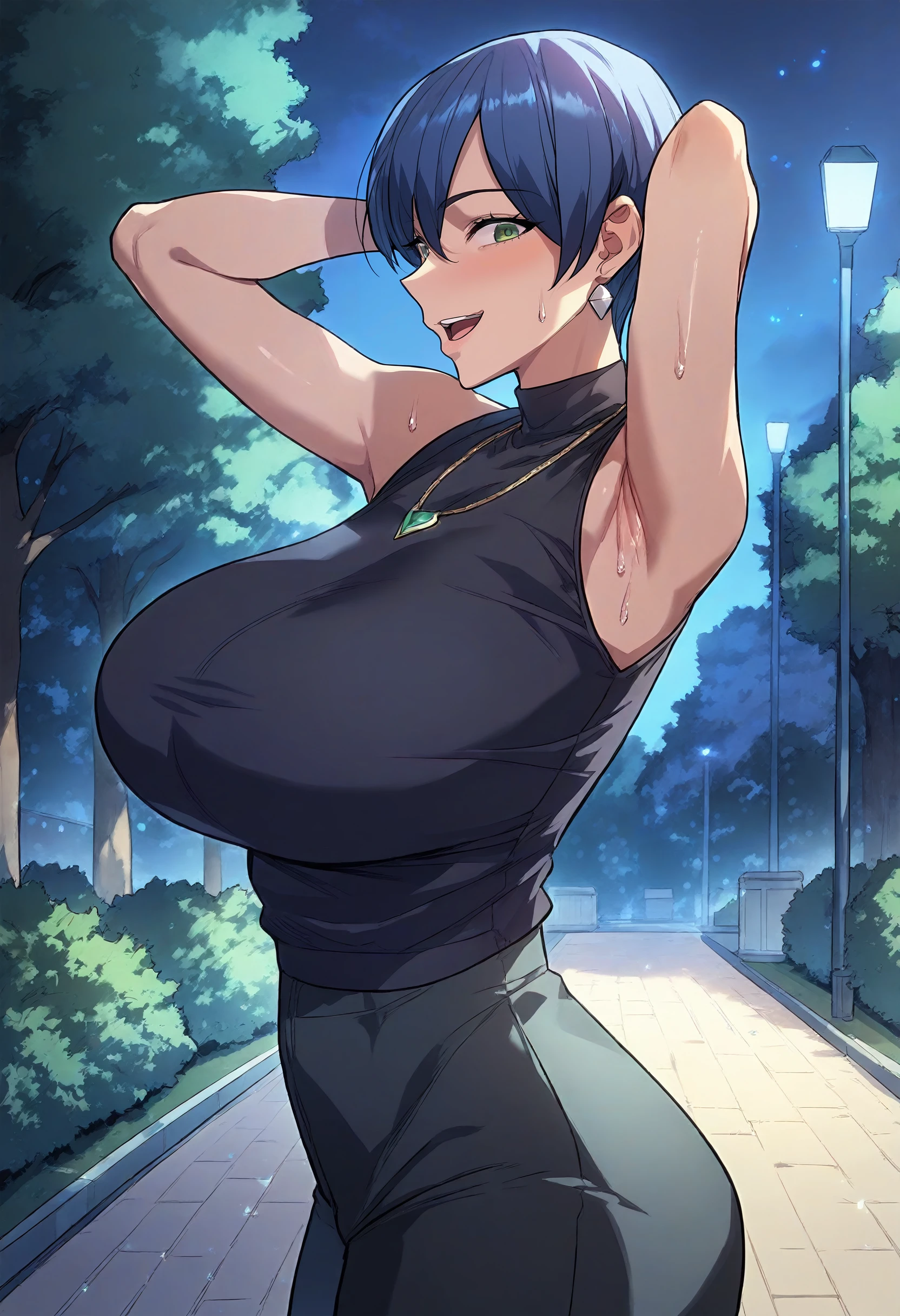 score_9, score_8_up, score_7_up, score_6_up, source_anime, rating_explicit, 1girl, (solo:1.1), huge breasts, <lora:Yoo Ah-yeong prefectPonyxl:0.9> short hair, green eyes, blue hair, earrings, necklace, turtleneck, black shirt, sleeveless, black pants, smile, embarrassed, open mouth, park, night, dark, outdoors, standing, looking at viewer, from side, arms behind head, armpits, sweat