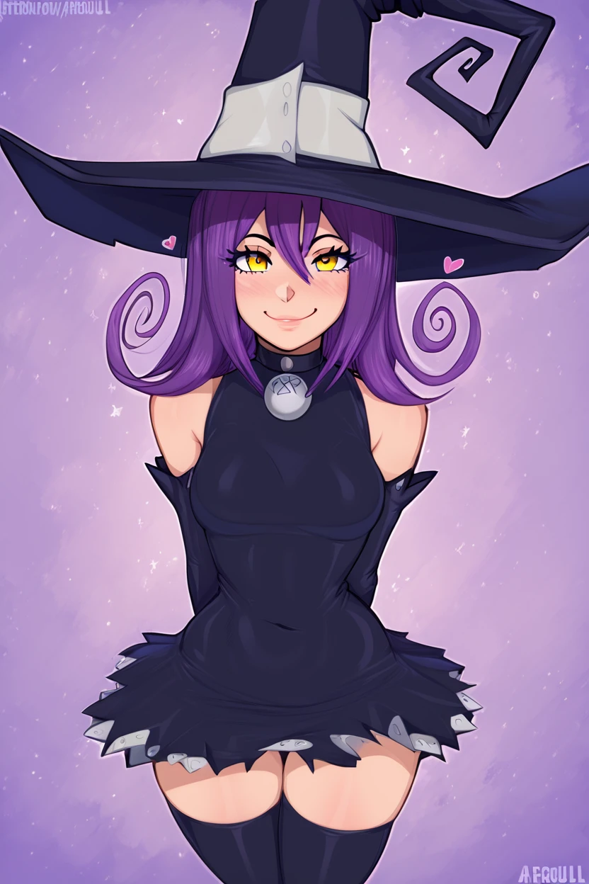 score_9, score_8_up, score_8, medium breasts, (curvy), cute, eyelashes,       BREAK, , zzBlair, 1girl, solo, yellow eyes, purple hair, witch hat, witch, detached sleeves, black short dress, thighhighs,  <lora:Blair_SoulEater_PDXL_v1:1.0>, , BREAK, <lora:Afrobull_PDXL_v4:0.8>,  ,,, BREAK, smile, looking at viewer, closed mouth, cowboy shot,  ,,, embedding:zPDXL, Expressiveh, ,,, <lora:SDXLFaeTastic2400:0.5>, <lora:Expressive_H-000001:0.4>,